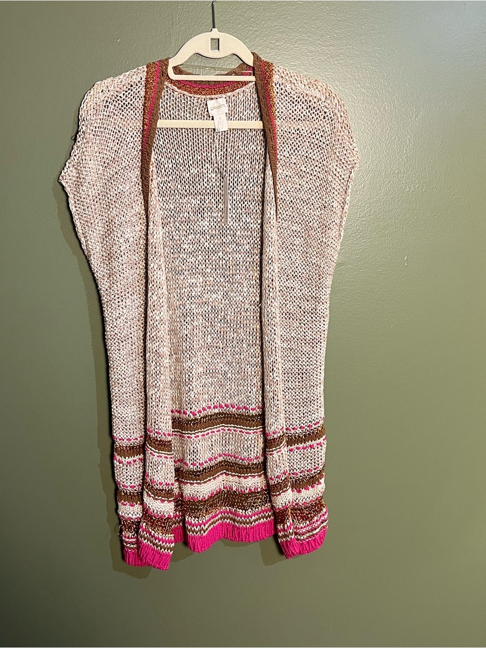 Chico's Open-Front Mixed Knit Cardigan with Pink Trim